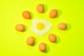 Lots of brown eggs with one fried egg in the center in light green background