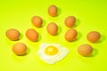 Lots of brown eggs with one fried egg in light green background