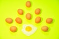 Lots of brown eggs with one fried egg in light green background