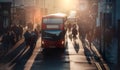 Lots of business people walking at work in the city at early morning. Beautiful sunrise light at back. Royalty Free Stock Photo