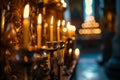 Lots of candles burning in church. Praying in candle light. Festive church decoration Royalty Free Stock Photo