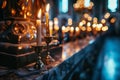 Lots of candles burning in church. Praying in candle light. Festive church decoration Royalty Free Stock Photo