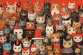 Lots Of Cats In Clown Hats On Red Background. Generative AI