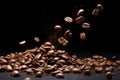 lots of coffee beans falling down on black background