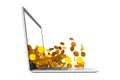 Lots of coins spilling out of laptop on white background. 3D illustration Royalty Free Stock Photo