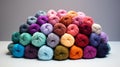 Lots of colorful balls of knitting thread.