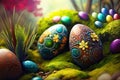 Lots of colorful and decorated easter eggs in a garden. Generative AI illustration.