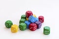 Lots of colorful dices for board games, tabletop games or rpg on light background Royalty Free Stock Photo