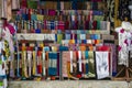 Colorful fabrics in street market for sale, Vietnam. Closeup