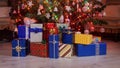 Lots of colorful presents appearing under the christmas tree - stop motion animation