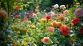 Lots of colorful roses in a garden created with Generative AI. Pink, red, yellow and orange. Royalty Free Stock Photo