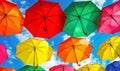 Lots of colorful umbrellas in the sky. City decoration Royalty Free Stock Photo