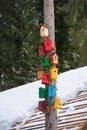 Lots of colorful wooden birdhouses on a tree against roof in snow Royalty Free Stock Photo