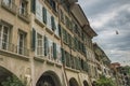 Lots of colourful, old style louvres or louvered shutters jalousie outline an old fashion building facade - Bern, Switzerland Royalty Free Stock Photo