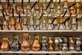 Copper cezves at shelf of souvenir store