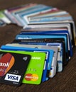 Lots of credit cards, personal debt concept. Visa and Mastercard brands Royalty Free Stock Photo