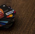 Lots of credit cards, personal debt concept. Visa and Mastercard brands Royalty Free Stock Photo