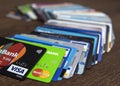 Lots of credit cards, personal debt concept. Visa and Mastercard brands Royalty Free Stock Photo