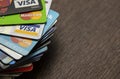 Lots of credit cards, personal debt concept. Visa and Mastercard brands Royalty Free Stock Photo