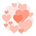 Lots of cute pink hearts. Isolated object on a white background. Funny love. Flat style. Round composition. Vector.