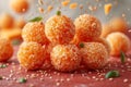 Lots of delicious sesame balls in flight on a red background Royalty Free Stock Photo