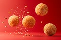 Lots of delicious sesame balls in flight on a red background Royalty Free Stock Photo