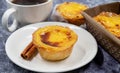 Lots of desserts Pastel de nata or Portuguese egg tart and cinnamon sticks with a cup of coffee. Pastel de Belm is a