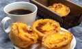 Lots of desserts Pastel de nata or Portuguese egg tart with a white cup of black coffee. Pastel de Belm is a small pie
