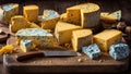 Lots of different cheeses on an old wooden background food variety Royalty Free Stock Photo