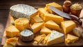 Lots of different cheeses delicatessen gourmet assortment wooden background food variety cuisine product Royalty Free Stock Photo