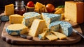 Lots of different cheeses on an old wooden background food Royalty Free Stock Photo