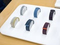 Lots of different official Apple Watch straps on sale in a tech store, Mac, Apple device accessories concept, nobody, group of