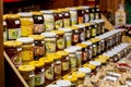 Lots of different Polish branded honey glass jars, object group, shop, sweet traditional organic products variety, large selection