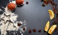 lots of different spices. flour and baking pans. background Royalty Free Stock Photo