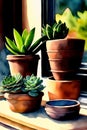 Lots of different succulents on a wooden table in daylight. Drawing in watercolor style. Generative AI. Royalty Free Stock Photo