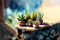 Lots of different succulents on a wooden table in daylight. Drawing in watercolor style. Generative AI. Royalty Free Stock Photo