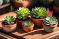 Lots of different succulents on a wooden table in daylight. Generative AI. Royalty Free Stock Photo