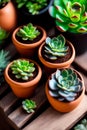 Lots of different succulents on a wooden table in daylight. Generative AI.