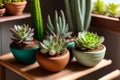 Lots of different succulents on a wooden table in daylight. Generative AI. Royalty Free Stock Photo