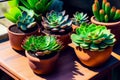 Lots of different succulents on a wooden table in daylight. Generative AI. Royalty Free Stock Photo