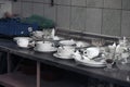 Lots of dirty dishes, after co-op or banquets. The concept of dirty cuisine in the restaurant. Royalty Free Stock Photo