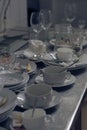 Lots of dirty dishes, after co-op or banquets. The concept of dirty cuisine in the restaurant. Royalty Free Stock Photo