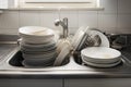 Lots of dirty dishes in the kitchen sink. Generative AI Royalty Free Stock Photo