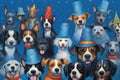 Lots Of Dogs In Clown Hats On Blue Background. Generative AI