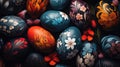 Lots of Easter eggs with floral pattern. Festive background.