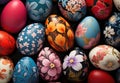 Lots of Easter eggs with floral pattern. Festive background.