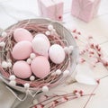 Lots of Easter eggs in soft pastel colors. Minimalist simple decor in Scandinavian style