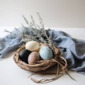 Lots of Easter eggs in soft pastel colors. Minimalist simple decor in Scandinavian style