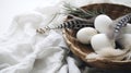 Lots of Easter eggs in soft pastel colors. Minimalist simple decor in Scandinavian style