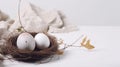 Lots of Easter eggs in soft pastel colors. Minimalist simple decor in Scandinavian style